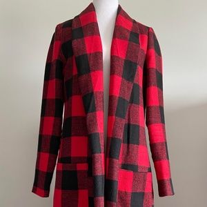 LUMBERJACK SANTA COAT LONG BLACK RED HOLIDAY CHRISTMAS PLAID CABINCORE HALLMARK